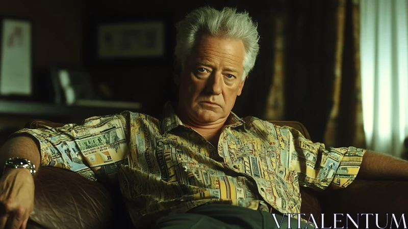 Older man sits on leather sofa in dim interior environment