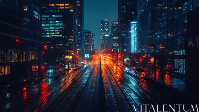 Rainy night city street with vivid reflections and lights.