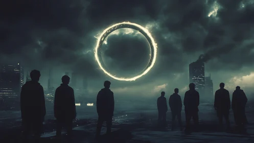 People watch a glowing celestial ring over a stormy city