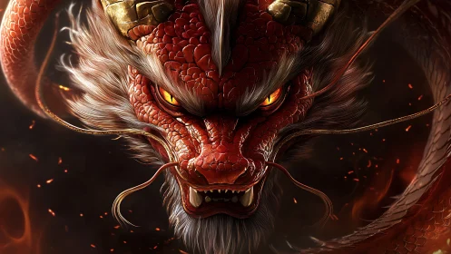 Digital painting of a fiery red dragon head in frontal close-up.