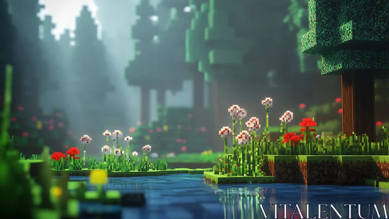 Pixel meadow by a sunlit forest pond, quietly inviting.