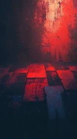 Cinematic red light grazing distressed wooden floor planes