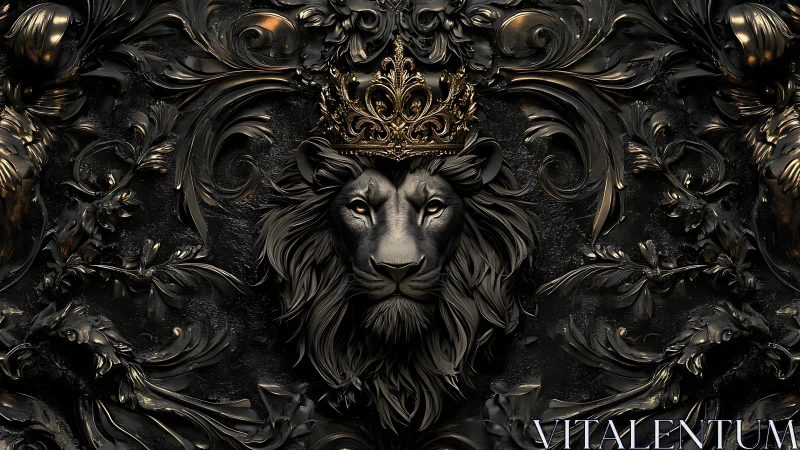 Regal lion portrait glows with ornate dark golden elegance