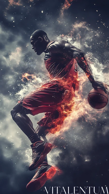 Basketball player in midair with fiery visual effects.