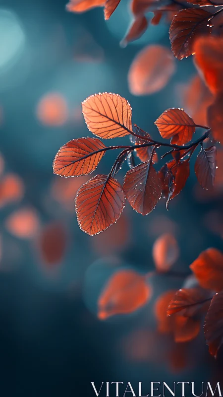Red leaves with water droplets hang against teal bokeh field