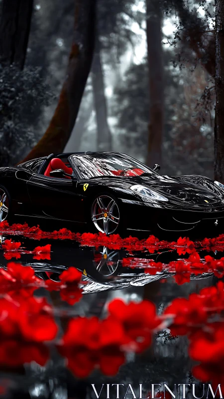 Midnight-black supercar lounges in a forest of liquid roses