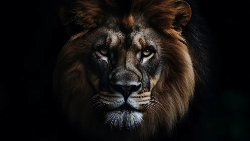 Close-up portrait of a male lion in deep shadow light.