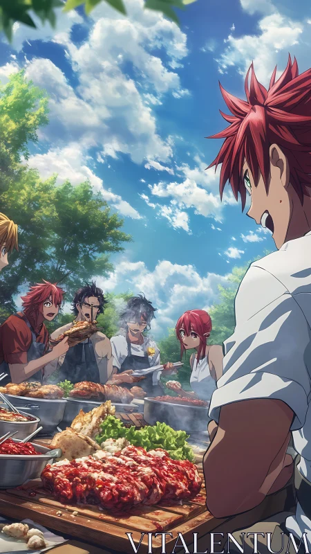 Outdoor anime barbecue with high-detail culinary composition.