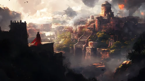 Lone wanderer gazes over a smoky, firelit citadel.