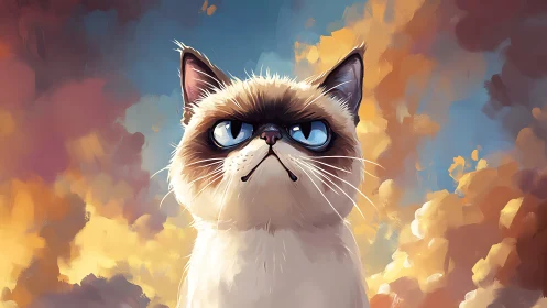Grumpy Feline Portrait Against Golden Clouds and Sky.