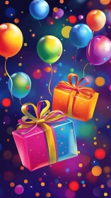 Colorful Gift Boxes and Balloons Against Festive Blue Background.