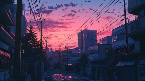 Twilight city backstreet under neon pink electric skies.