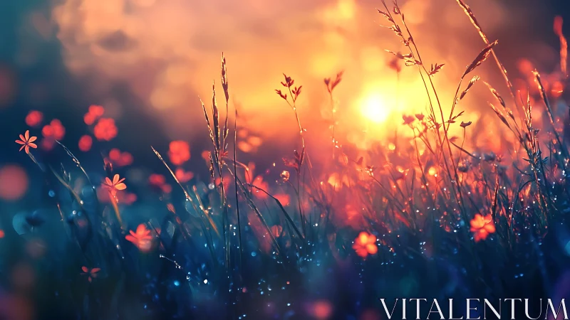 Glowing wildflower meadow in luminous sunset bokeh haze.