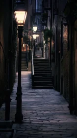 Narrow stone alley with stairway and aligned street lamps