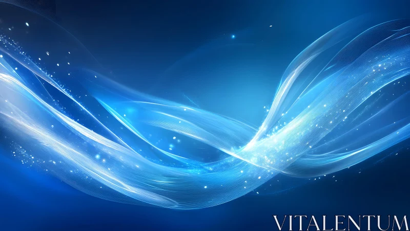 Abstract flowing blue waves with glowing light particles, digital art.