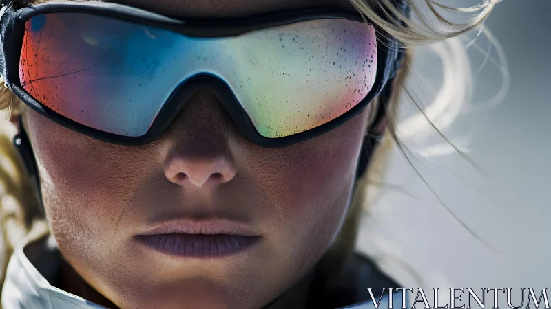 Close-up of skier wearing reflective goggles in winter light.