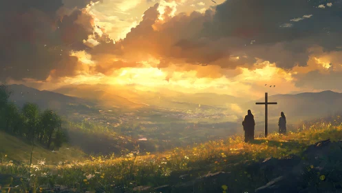 Sunset hillside cross with silhouetted figures in digital panorama.