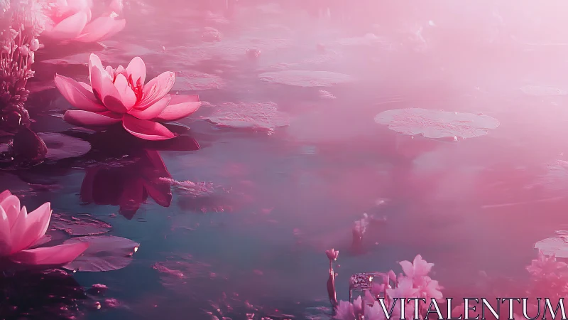 Pink Water Lilies Floating in Ethereal Mist.