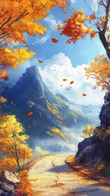 Autumn highway curls toward cloud-kissed mountains and golden sky.