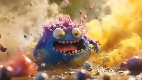 Giddy fuzzball monster sprints through exploding candy clouds