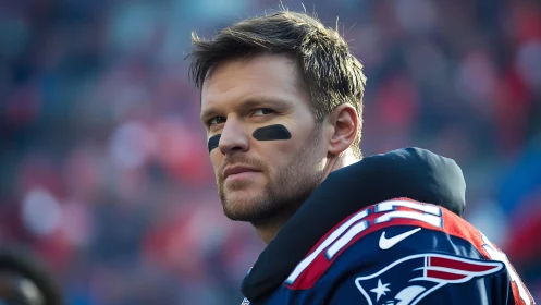 Focused football player wrapped in team colors on gameday.