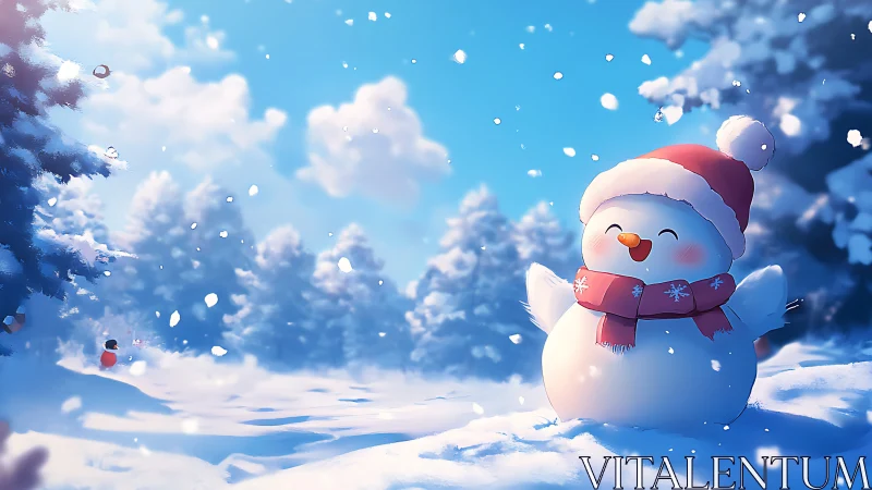 Cute snowman with red winter hat in bright snowy forest.