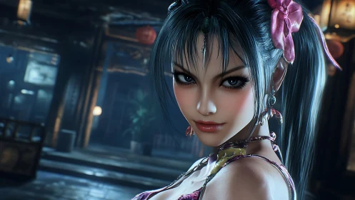 Warrior woman portrait under cool cinematic lantern glow.