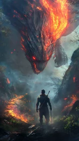 Armored swordsman confronting colossal molten-fire dragon