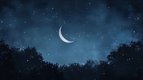 Slender crescent moon drifts quietly above whispering trees