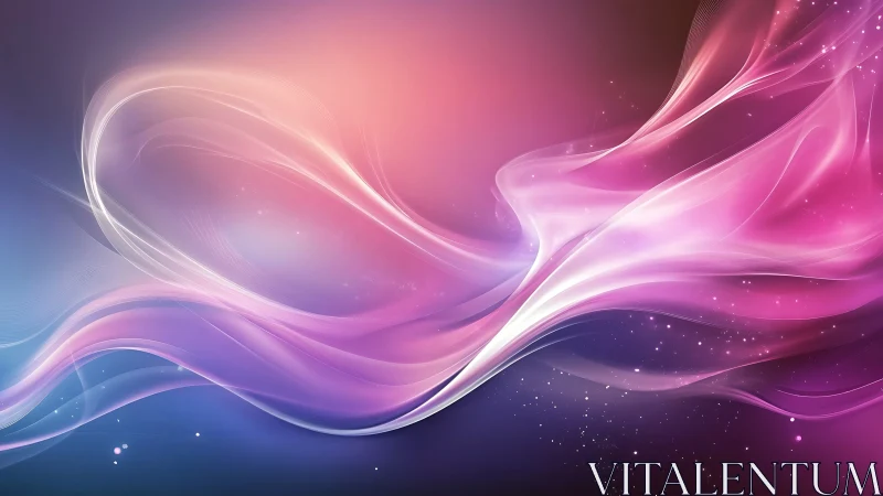 Flowing pink and purple light waves curve across dark background
