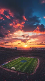 Sunset-lit football stadium under dramatic painted sky.