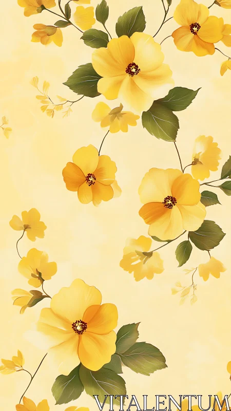 Yellow flowers with green foliage arranged across pale background surface