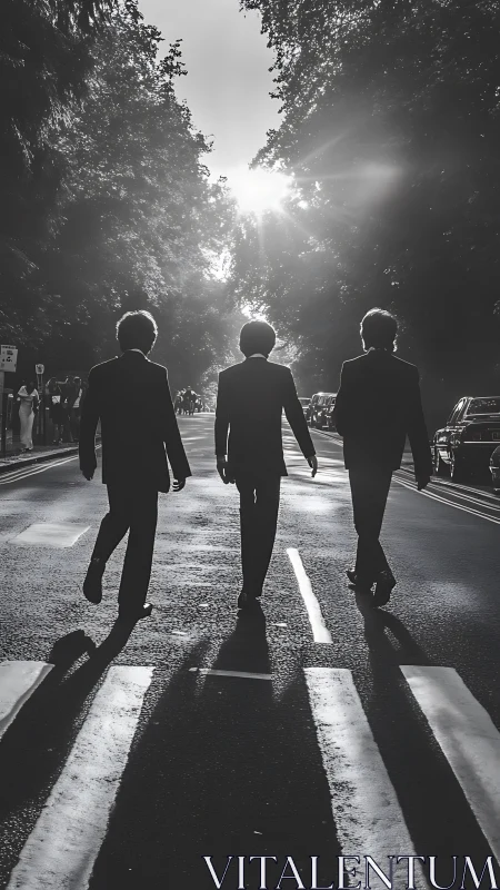 Silhouetted trio in suits stride through a sunlit city street.