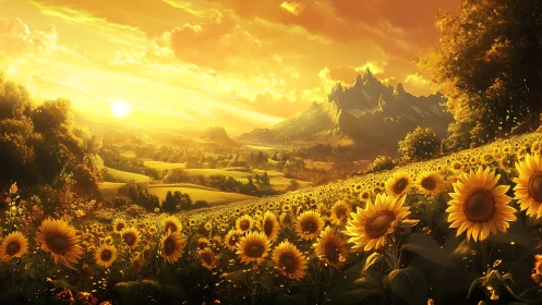 Radiant sunflowers glow beneath a golden fantasy sunset.