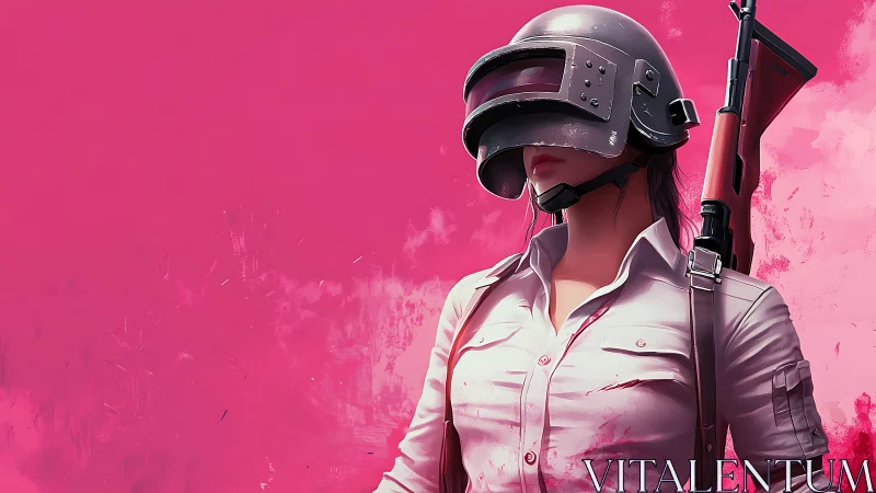 Helmeted female shooter in white shirt on pink backdrop.
