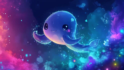 Digital painting of luminous space whale character design.