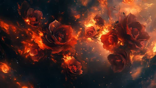 Fiery Roses Ablaze in Golden Flames.