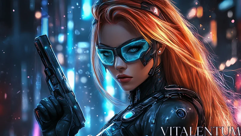 Cybernetic female operative with pistol in neon cityscape.