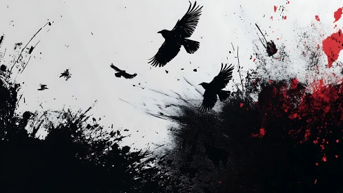 Ink-splattered crows erupt through stark red and black chaos.