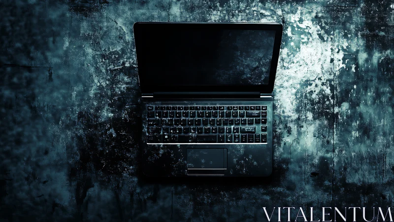 Top-down laptop on gritty teal concrete with moody lighting.