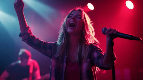 Joyful singer bathed in pink stage lights mid-performance.