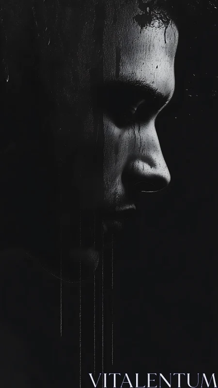 Shadowed profile captures quiet sorrow in dripping darkness