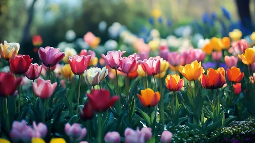Vibrant tulip garden display with multicolored spring blooms