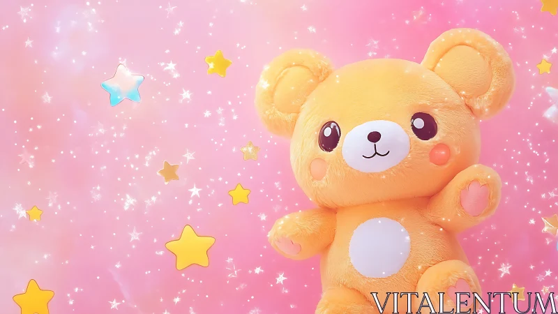 Plush bear character with floating stars on pink background.