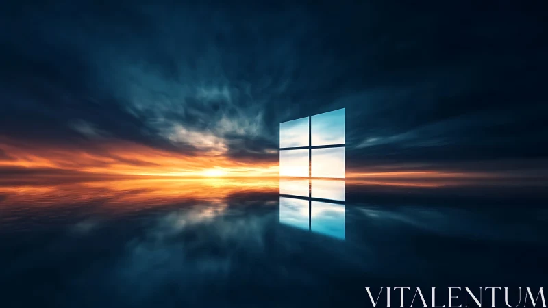 Geometric window icon over reflective ocean horizon at dusk.