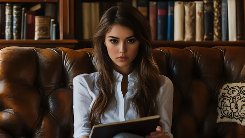 Young woman reading on leather sofa in vintage library setting.