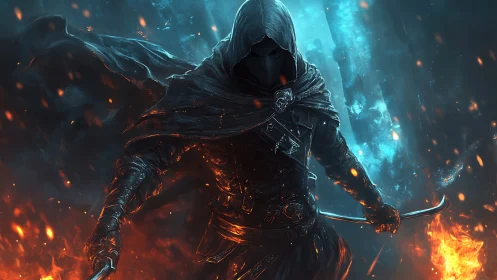 Hooded rogue strides through fire and frost-torn shadows.