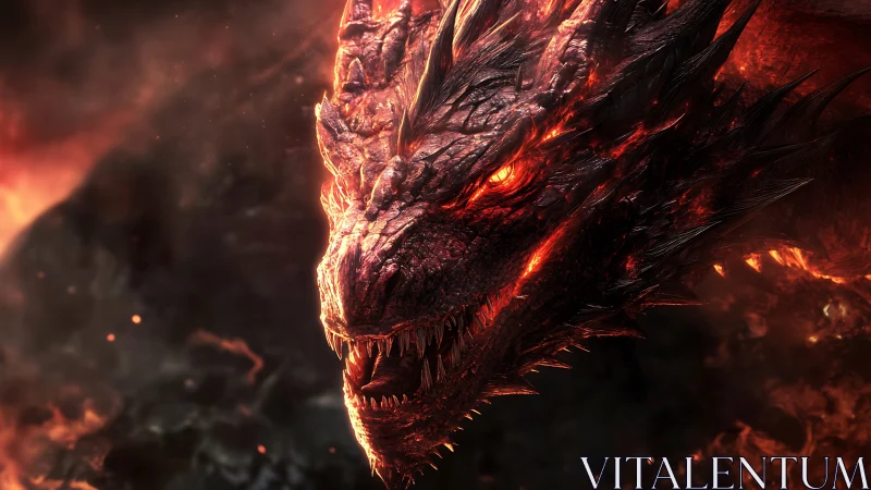 Ember-eyed dragon rising from swirling molten shadows.