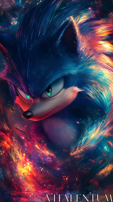 Blue cosmic hedgehog bursts through swirling neon vortex.