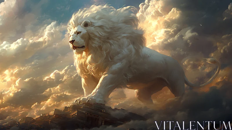 Majestic celestial white lion strides through glowing clouds.